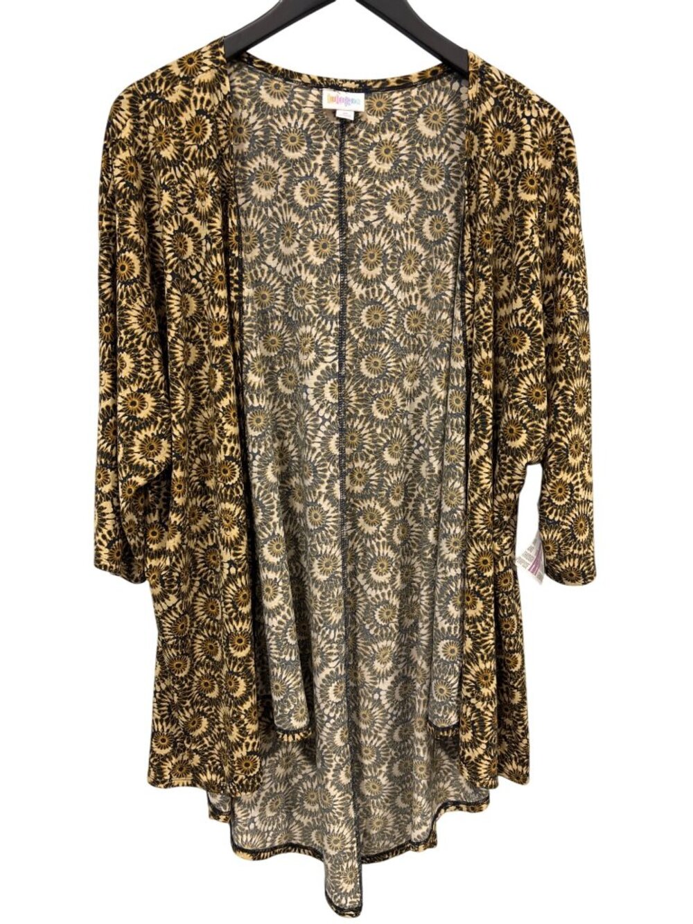 LuLaRoe Open Front Kimono Cardigan Womens M Sunflower Print Navy Yellow Boho NEW